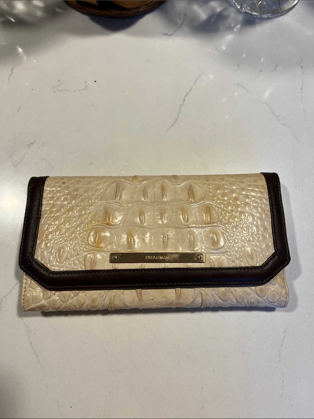 Brahmin Cream Croc-Embossed Wallet with Dark Brown Trim